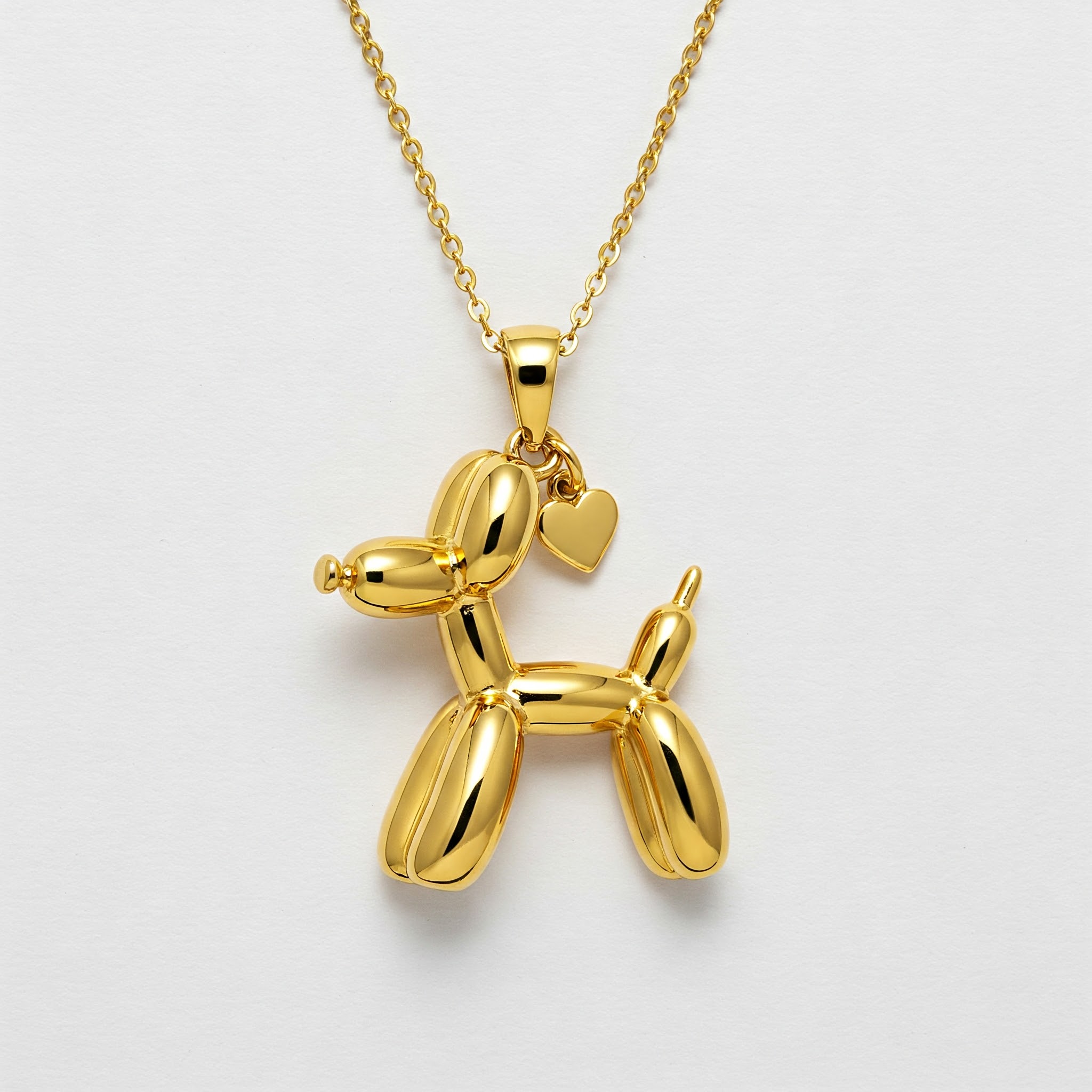 Gold Balloon Dog Pendant Necklace - Stainless Steel with Heart Charm